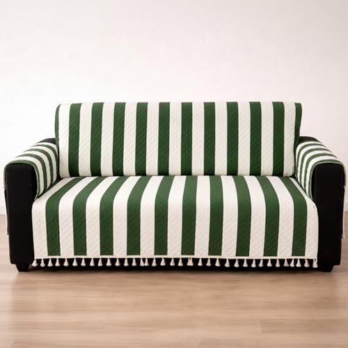 Image of House of Quirk IKATRA Series Quilted Printed Sofa Cover for Indian Sofa Set with Side Pocket - Premium Washable, Anti-Slip, Durable & Ultra Soft Fabric Protector (Evergreen Stripe, Three Seater)