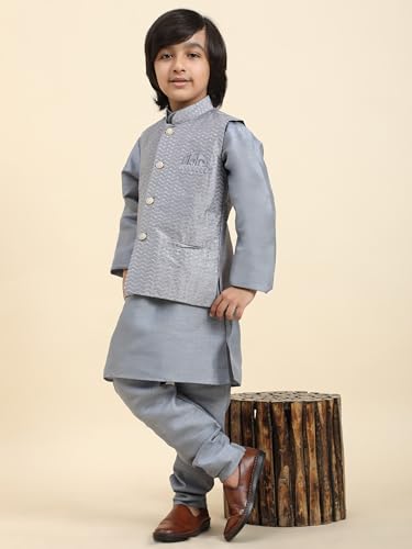 Image of Pro-Ethic Style Developer Kurta Pajama For Kids Boys With Waistcoat | Silk | Floral | Traditional Dress (S-200)