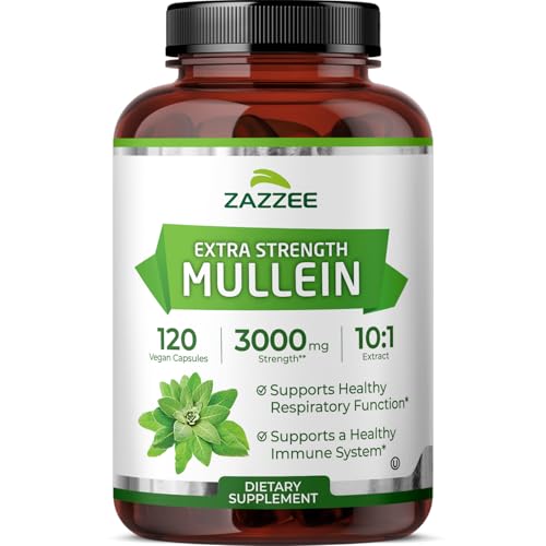 Zazzee Extra Strength Mullein Leaf 10:1 Extract 120 Vegan Capsules 4 Month Supply Verbascum Thapsus Respiratory & Lung Support Certified Kosher 100% Pure Leaf Powder Non-GMO Made in the USA