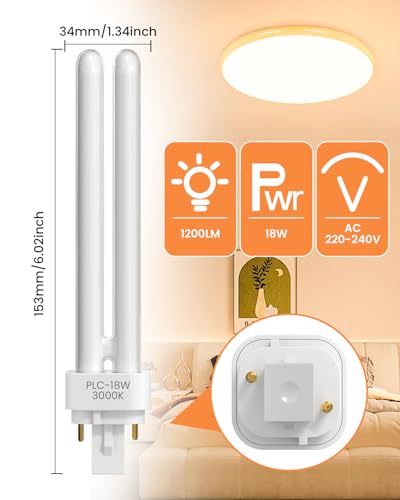 DoRight 18W CFL G24d-2 2-Polige Kompakt-Leuchtstofflampe - PLC 827 Leuchtstofflampe, Warmweiß 3000K 2U-Doppelwendel-Rohr Energiesparlampe Nicht Dimmbar für Küche, Büro, Schlafzimmer (1er-Pack)