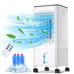 Raofuo Evaporative Coolers for Home, 4 IN 1 Mobile Air Conditioner Humidifier Air Purifier Cooling Fan 60W 3 Mode 7H Timer 60°/120° Oscillation w/Remote Control 3 Ice Box for Room, Office, Kitchen