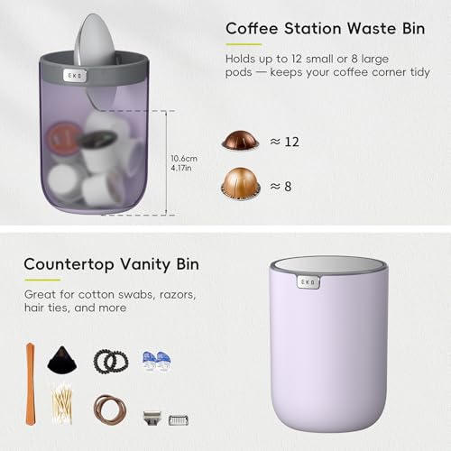 Image of EKO Fandy 0.4 Gal /1.5L Mini Tabletop Trash Bin with Swing-Lid, Desktop Trash Can for Bathroom Countertop, Vanity, Coffee or Office, Small Garbage Bin (Lavender)