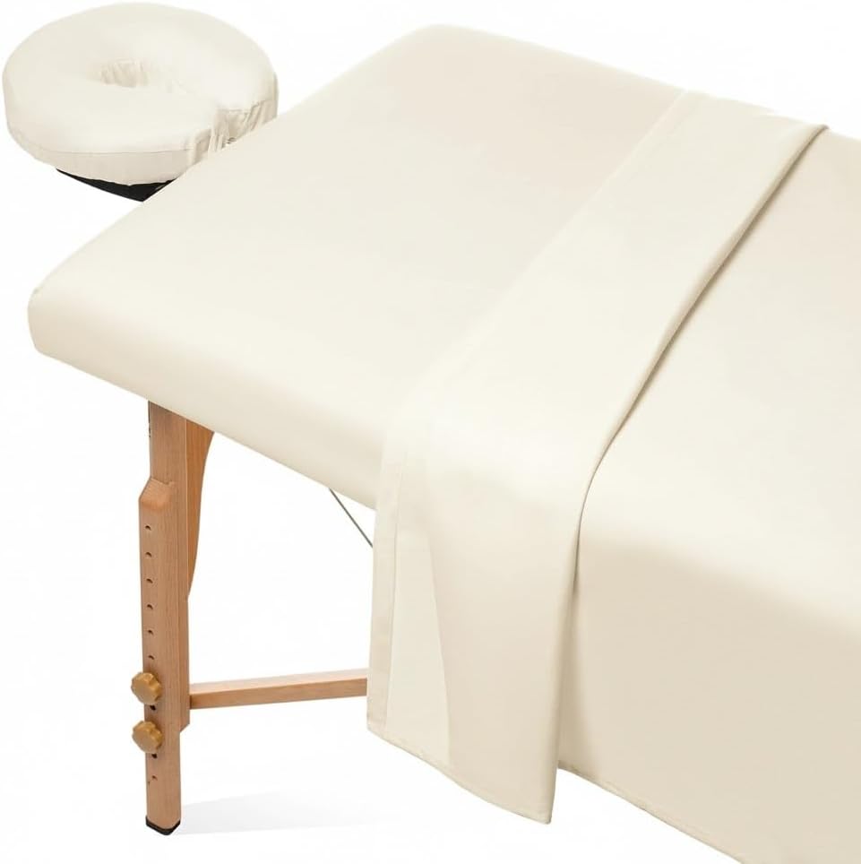 3-Piece Natural Cotton Massage Table Sheet Set - Premium Facial Bed Cover - Includes Flat and Fitted Sheets with Face Cradle Cover (Solid, Ivory)