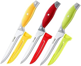 VITUER Boning Knife, 6PCS Fillet Knives (3PCS Filet Knife and 3PCS Knife Cover), 6 Inch Curved Boning Knife for Meat, Fish, Poultry, Cutting, Trimming, German Steel, PP Handle