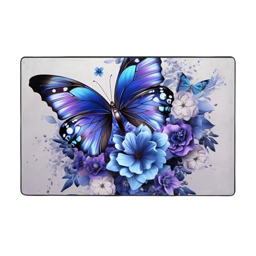 YYHHAOFA Flanell-Teppich, blau, lila, Blumen- und Schmetterlingsmuster, 152,4 x 99,1 cm, rutschfest,...