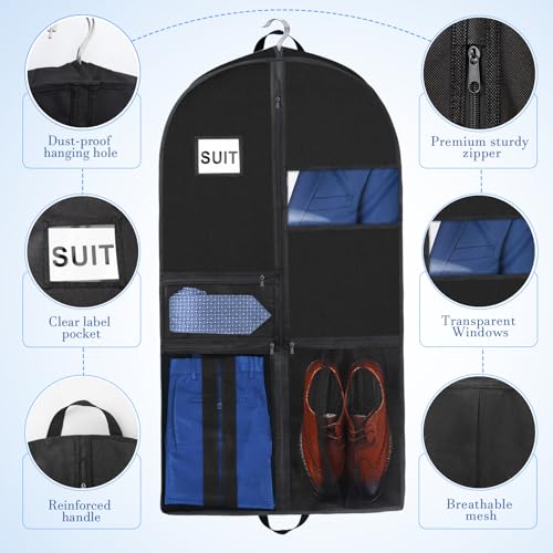 3 Packs Garment Bags for Travel, 44\" Heavy Duty Suit Bag with 3 Pockets, Garment Bags for Hanging Clothes Closet Storage, Portable Foldable Dust-Proof Storage Bags for Coats, Gowns, Dresses, Trips - Thumbnail 5