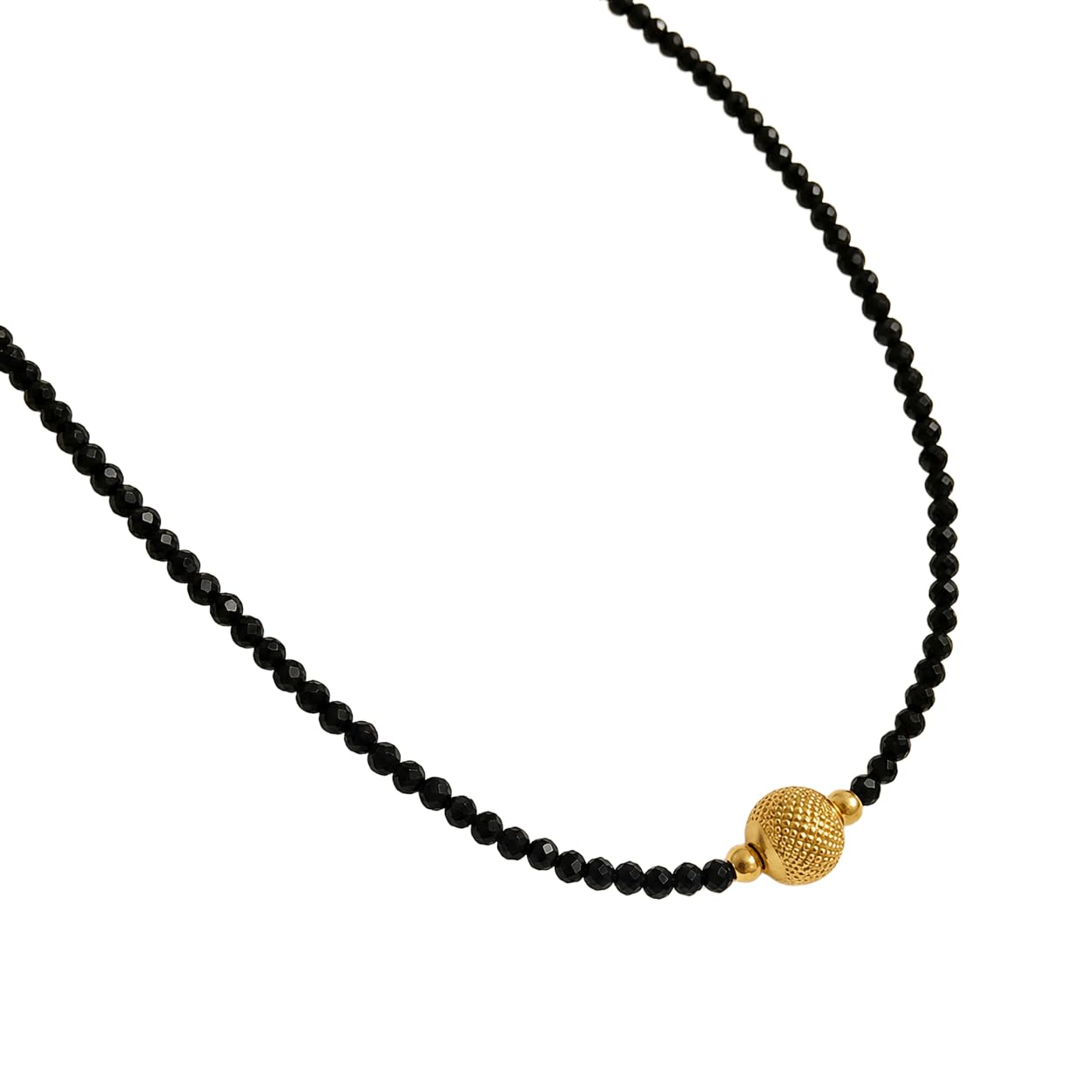 Black Crystal Beaded Necklace with Gold Textured Ball Pendant-image-29