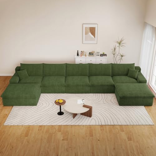 Image of 165 inch Cloud Couch Modular Sectional Sofa for Living Room, U-Shape Boneless Couch with Deep Seat, Modern Corduroy 5-Seater with Ottomans, No Assembly Required, Green