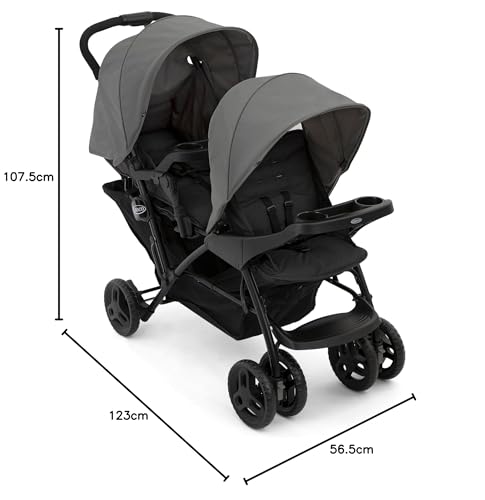 Graco Stadium Duo Geschwisterwagen, Zwillingswagen, 0-15 kg, auch mit Babyschale nutzbar, verstellbare Rückenlehnen, zusammenklappbar, freistehend, großer Staukorb, inkl. Snacktabletts, Titanium
