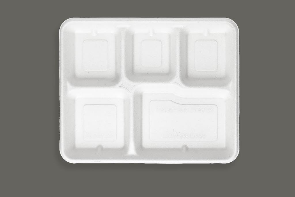 100 Pack - 100% Non Plastics 5 Compartment Paper Plates, Disposable School Lunch Trays, Eco-Friendly Bagasse Plates for School Lunch, Buffet, and Party