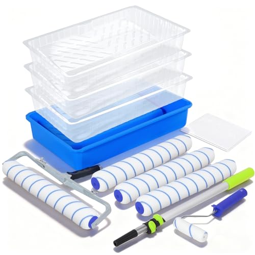14 Pack Paint Roller Kit, 5PCS Paint Rollers with 2-4 Ft Extension Pole, Paint Tray Liners with Plastic Sheeting for Painting Walls Ceilings House Corner Stain
