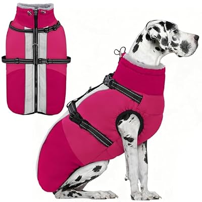 AOFITEE Large Dog Coat XXXL Dog Winter Jacket with Harness, HotPink 3XL