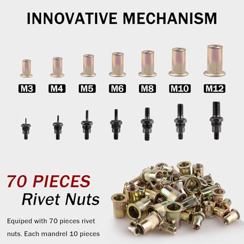 Defabee Rivet Nut Tool, 16-Inch Hand Rivet with 7 Mandrels(M3 M4 M5 M6 M8 M10 M12) and 70pcs Rivnut Tool Kit, Riveting Tools with Nut Setting System Totally, Rugged Carrying Rivet nut Assortment Kit