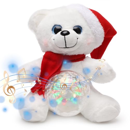 Aceshop Peluche de Navidad con Música y Luces, 14' Oso de Navidad Peluche con Bola de Nieve Muñeco de Peluche Canta Juguete De Peluche Eléctricos de Peluche Decorazioni Natalizie Regalos para Niño