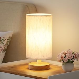 Fenmzee Small Table Lamp for Bedroom – Inline Control, Bedside Lamp with 3000K A15 LED Blub, Easy Assembly (Cream Shade – Wood Base, 9″ Inline Control)