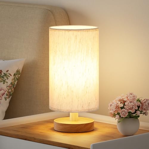 Fenmzee Small Table Lamp for Bedroom – Inline Control, Bedside Lamp with 3000K A15 LED Blub, Easy Assembly (Cream Shade – Wood Base, 9″ Inline Control)