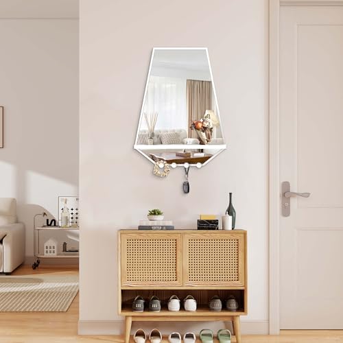 Image of BEAUTME 26x20 inch Bathroom Mirror with Shelf, Irregular Hexagonal Metal Wall Mirrors with Hooks, Bathroom Vanity Mirror Farmhouse, Wall Mounted Mirror Decor for Living Room Bedroom Entryway (White)