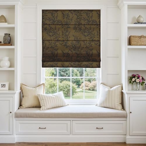 Image of TWOPAGES No Drill Cordless Vintage Leaf Print Roman Shades Linen Textured Roman Blinds for Windows, Custom Made Room Darkening Light Filtering Roman Window Shades, Bronze, 1 Piece