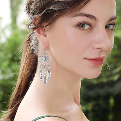 Blue Turquoise Dream Catcher Feather Earrings for Women Vintage Bohemian Western Jewelry Native American Indian Dream Catcher Feather Dangle Earrings4