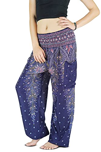 Mujer Harem Pant Boho Genie Aladdin Pantalones de yoga con cintura fruncida, Pavo real azul marino, Medium Cover