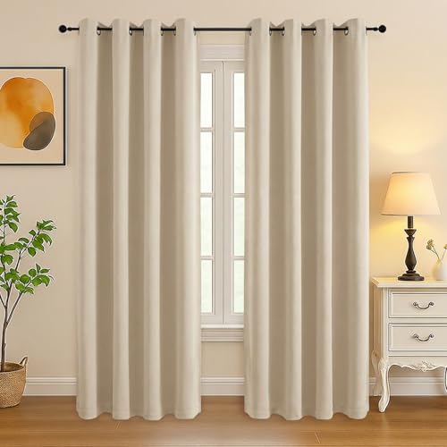 Image of Simplebrand Biscotti Beige Curtains for Bedroom Living Room 72 Inches Long 2 Panels Set, Room Darkening Thermal Insulated Curtains Drapes, Solid Grommet Noise Reducing Window Treatment, W50 x L72 Inch