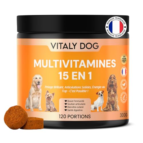 Multivitamines pour Chien | 120 Bouchées Premium | 15 Actifs Uniques (Vitamines, Glucosamine, Probiotiques) | Formule Vétérinaire Exclusive | Vitalité,...