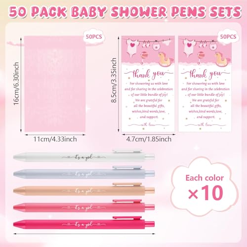 50 Set Baby Shower Favors for Guests It's a Girl Baby Shower Ballpoint Pens Thank You Cards Organza Bags Baby Shower Gifts for Office School Student Writing Gender Reveal Party Favors Game Prizes - Image 3