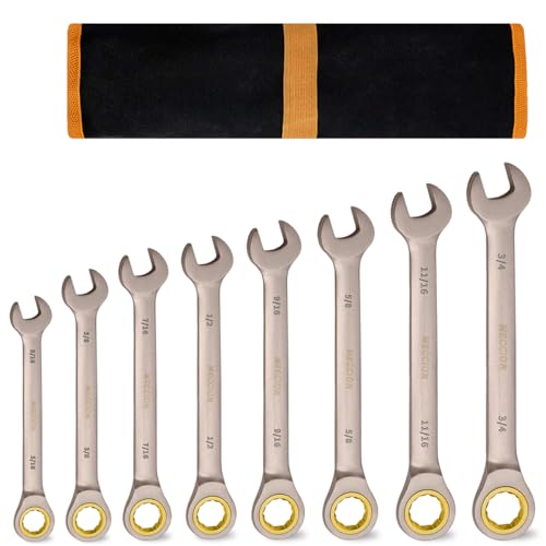 Image of Meccion Combination Wrench Set 5 /16,3 /8,7 /16,1 /2,9 /16,5 /8,11 /16,3 /4 Inch SAE Open End Ratcheting Wrench - Industrial Grade Gear Spanner with Grey Nickle Plated