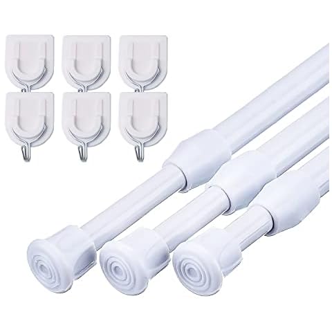 MUHOO 3PCS Extendable Curtain Poles, No Drilling Net Curtain Rods, Spring Tension Rod for Kitchen, Cupboard, Bathroom, Window, 62-110 CM/24.4-43.3 Inch, White Cover