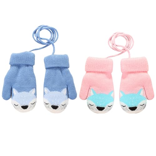 VEGCOO 2 Paar Kinder Gestrickt Handschuhe, Baby Winter Handschuhe, Cartoon Kinder Winter Handschuhe Fäustlinge, Warme Fleece-Gefütterte Handschuhe für 1-3 Jahre Mädchen Junge (Blau + Rosa)