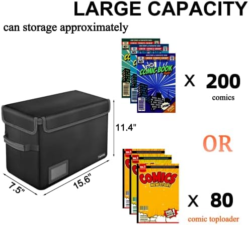 Comic Book Storage,Fireproof Comic Book Box Waterproof Storage Bag Moistureproof Collapsible Comic Short Box with Lid Holds 150-175 Comics 15.5" X 7.5" X 11.3"Robust Load-Bearing Capacity Black
