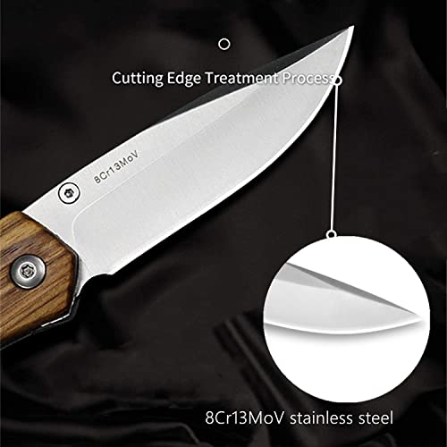 Pocket Knife With Belt Clip, Folding Tactical Knife For Camping Hunting Fishing, Safety Liner-Lock, 8Cr13Mov Stainless Steel Blade, Zebra Wood Handle, Fine Edge #TOP1