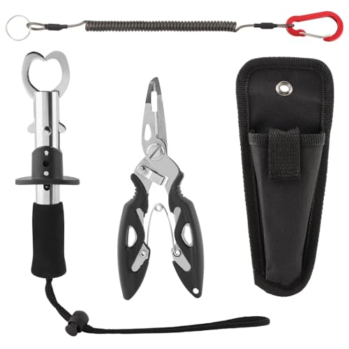 Fishing Gear Set, Fishing Pliers Set, Heavy-Duty 15kg Max Grip, Non-Slip Sponge Handle, 100cm Retractable Lanyard, Includes Fish Gripper, Line Cutter, Carry Bag(Color:Black)