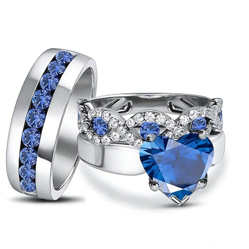 QMTIHU Sapphire Wedding Couple Ring Sets for Women and Men S925 Sterling Silver Couples Ring Sets Sapphire Gemstone Engagement Bridal Band for Hims And Hers (Style 8)