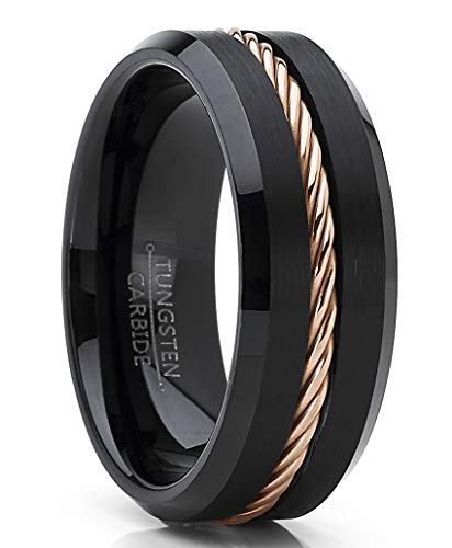 Metal Masters - Metal Masters Co. Men's Black Tungsten Carbide Wedding Band Ring Rose Gold Tone Steel Cable Inlay 11