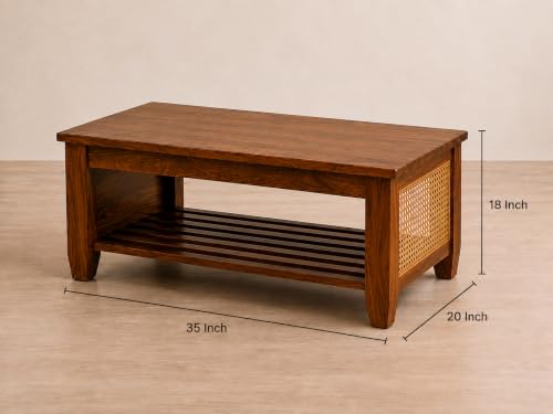 Image of Coffee Table for Living Room | Sheesham Wood Center Teapoy Table with Drawer Storage for Office and Hotels | Rattan Tea Table (Natural Finish)