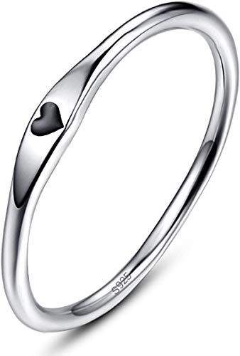 BONLAVIE 925 Sterling Silber einfache Carve Herz Hochzeit Band stapelbar Versprechen Ring für Sie (54.4 (17.3), A-Silber-Schwarz)