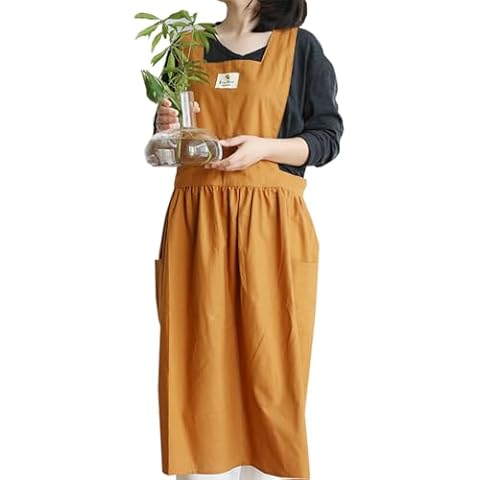 Waterproof Cotton Linen Apron for Women with Pockets, Cross Back No Tie Pinafore for Men Kitchen Garden Cooking (Orange) Cover