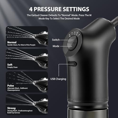 Ear Wax Vacuum Removal Kit, USB Charge Ear Wax Suction Remover, Reusable Water Powered Ear Cleaner, Electric Ear Irrigation Flushing Kit with 10 replacement Ear spout, 4 Modes Suitable for Adults Kids - Image 3