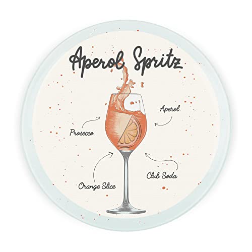Planche de service en verre rond pour cocktail Aperol Spritz - Plateau à boissons gravé texturé - Protection de plan de travail avec pieds antidérapants -...