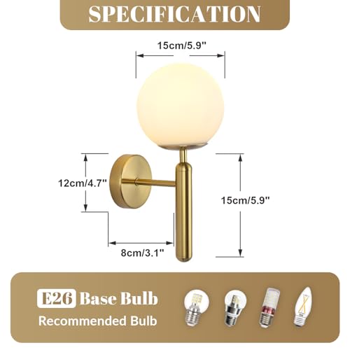 Image of KCO Lighting Set of 2 Mid Century Modern Brushed Gold Globe Wall Sconces | E26 Bulb Included, Indoor Frosted Milk Glass Wall Light, Vintage Hardwired Vanity Fixture for Bathroom Bedroom Hallway Bar