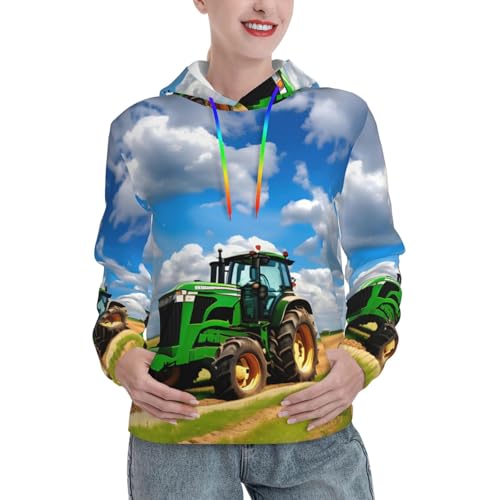 Sweat à capuche femme imprimé tracteur et paysage nuageux confortable