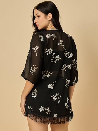 Image of Azira Georgette Floral Printed Front Open Shrug |Black Color|Short Length | Western & Casual Wear| Summer Wear | Shrugs for Woman Stylish