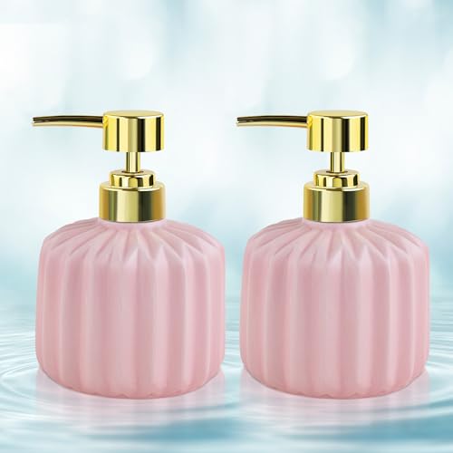 Image of Ceramic Soap Dispenser for Wash Basin - Handwash Dispenser Bottle - Leak-Proof Design with Silver Glossy BPA-Free Pump, Rivo, Pink, Pack of 2,SoapDispenser RivoCombo PinkPink
