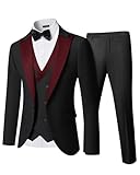 YND Men's 3 Piece Slim Fit Wedding Tuxedo Set, Peak Lapel One Button Suit Jacket, Double Breasted Vest Pants with Bow Tie, Maroon Collar Black