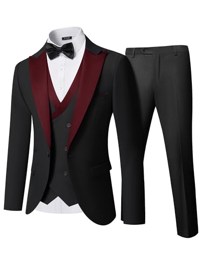 YND Men's 3 Piece Slim Fit Wedding Tuxedo Set, Peak Lapel One Button Suit Jacket, Double Breasted Vest Pants with Bow Tie