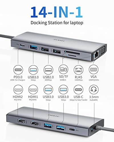 Usb C Docking Station Dual Monitor, 14 In 1 Usbc Triple Display Multiple Adapter, Portable Type C Hub With 2 Hdmi, Vga,100W Pd, Mic/Audio, Sd/Tf, Ethernet Ports Compatible For Dell/Surface/Hp Laptops #TOP1