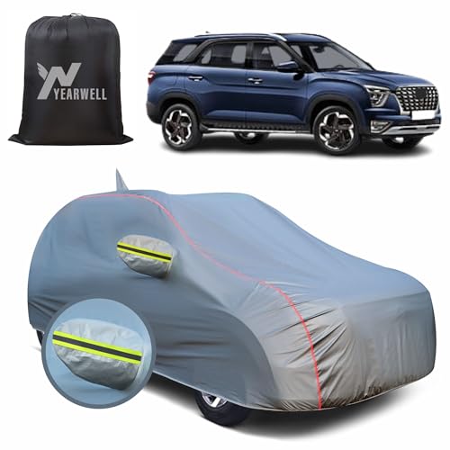 Image of Car Body Cover for Hyundai Alcazar, 100% Waterproof, Heat-Resistant with Mirror & Antenna Pockets, Soft Cotton Lining, Triple Stitched, Green Reflector (Metallic Grey)