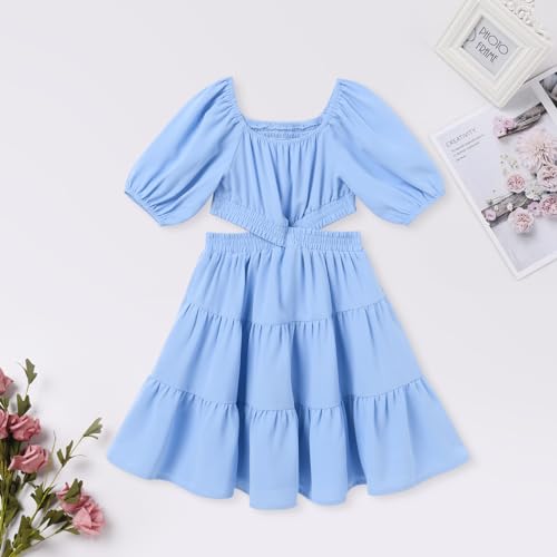 AWIBMK Mommy and Me Dresses Square Neck Solid Color Ruffled Dress with Pockets Summer Cutout Waist Tiered Matching Outfits4