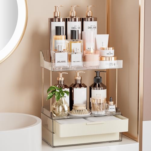 Image of Delamu 4-Tier Makeup Organizer, Bathroom Counter, 2 Drawers,Cream White